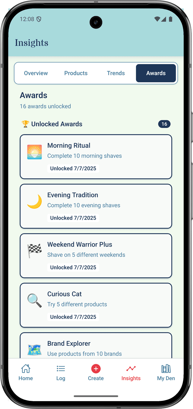 Achievement system with badges and progress tracking for wet shaving milestones