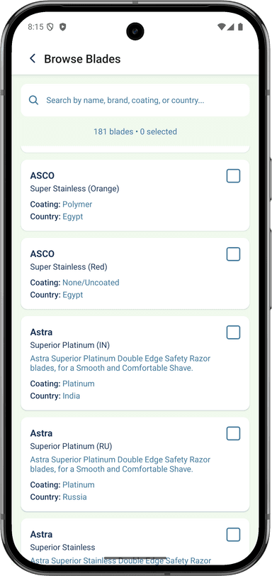Browse a pre-built database of razor blades and add to your den