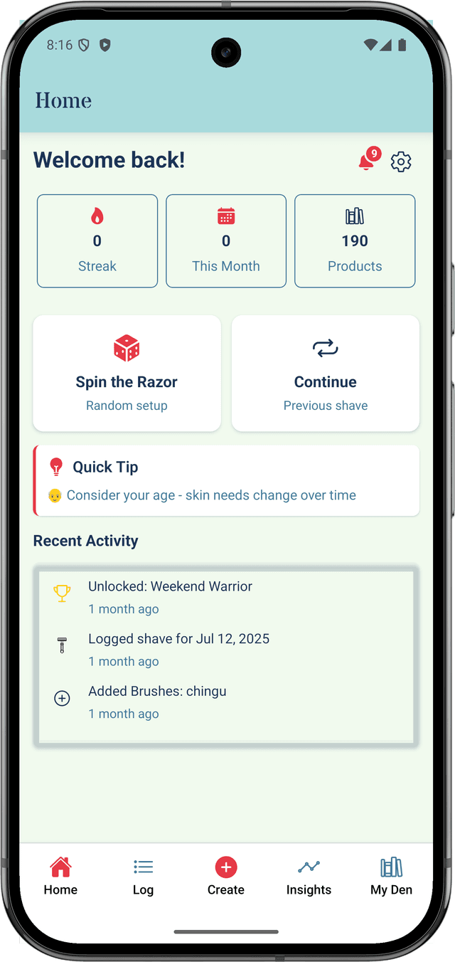 Shaving Sherpa Dashboard showing personalized insights and daily recommendations