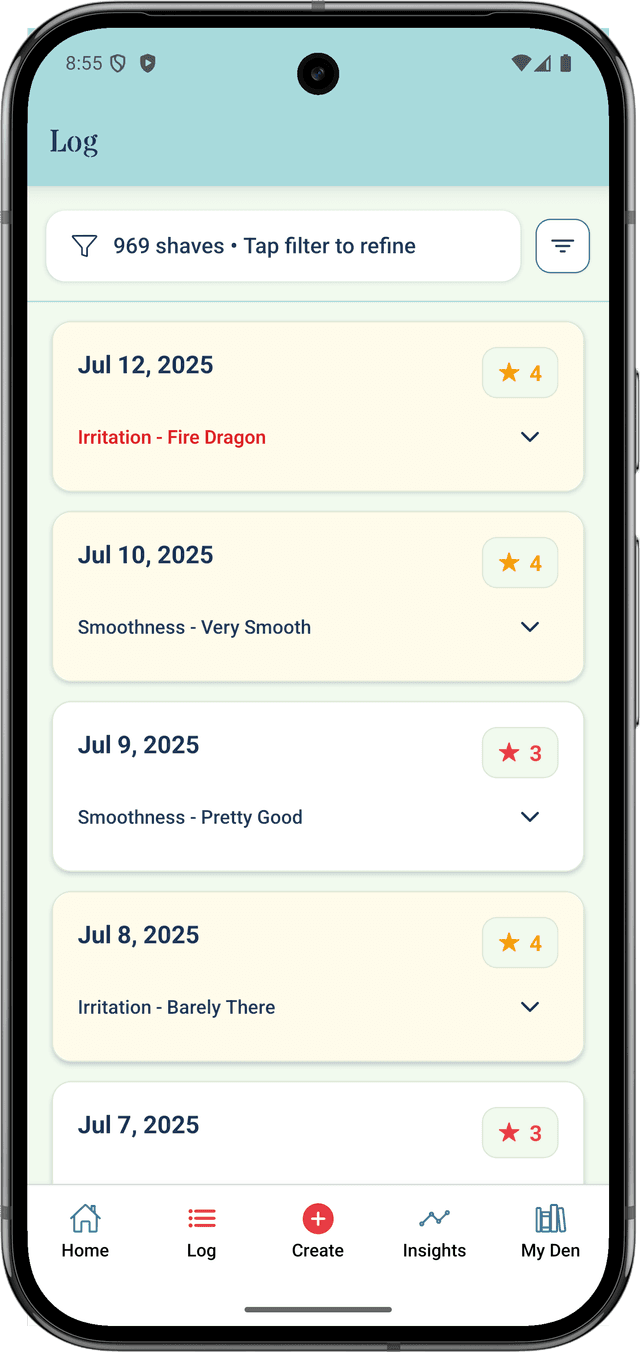 Shaving log list with filters and ratings